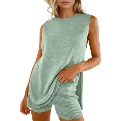 Casual Knitted Sleeveless Knitted Sleeveless Suit - Light Green - View 1