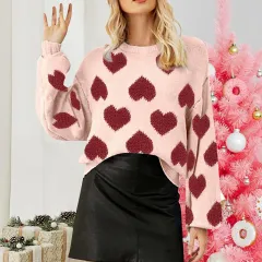 Loose Sweet Loving Heart Jacquard Pullover Sweater - Pink Valentine'S Day Sweater - View 1