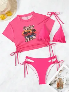 Bikini Three Piece Swimsuit Women - Pink - View 1
