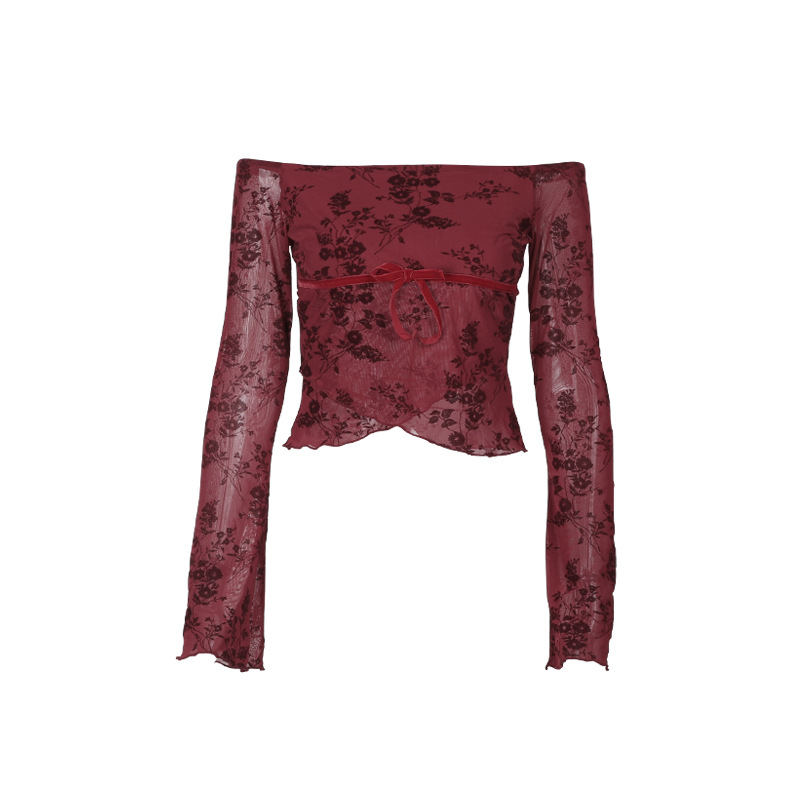 Off-shoulder Mesh Stretch Hot Girl Long-sleeved Top For Women