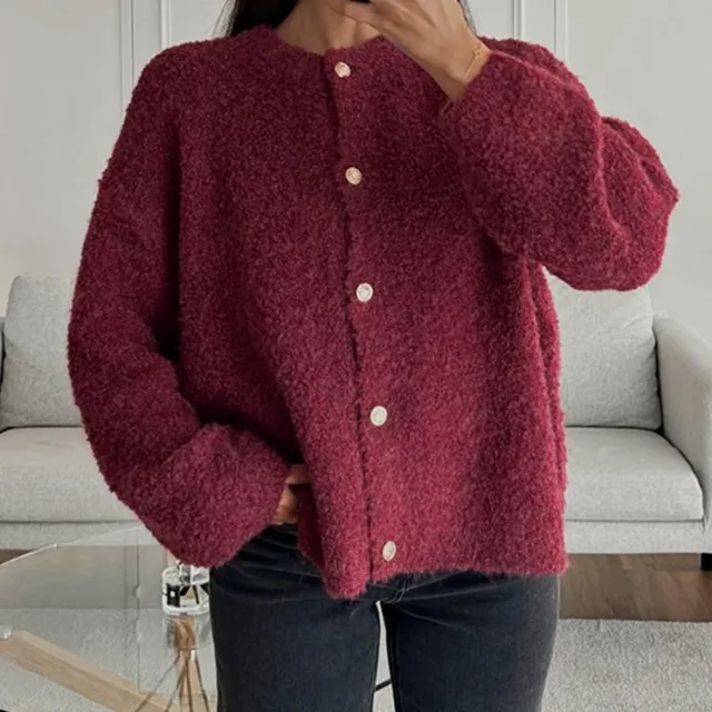 Solid Color Round Neck Single breasted Coat Red - Shop at LoveMi