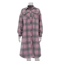 Women's Long-sleeved Lapel Plaid Coat Casual - Pink - View 1