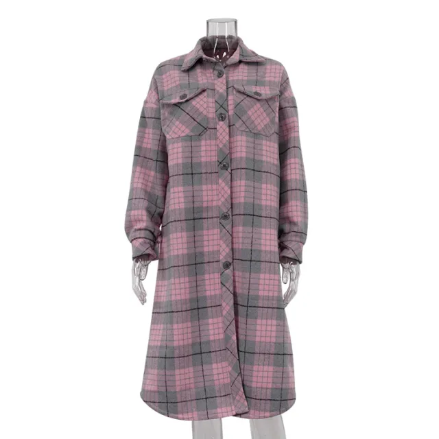 Women's Long sleeved Lapel Plaid Coat Casual Pink - Shop at LoveMi