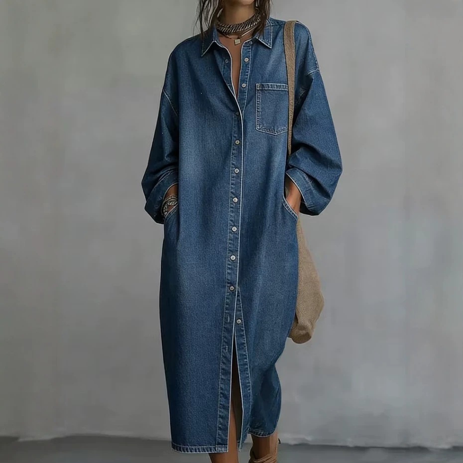 Single-breasted Loose-fit Denim Shirt Casual Dress
