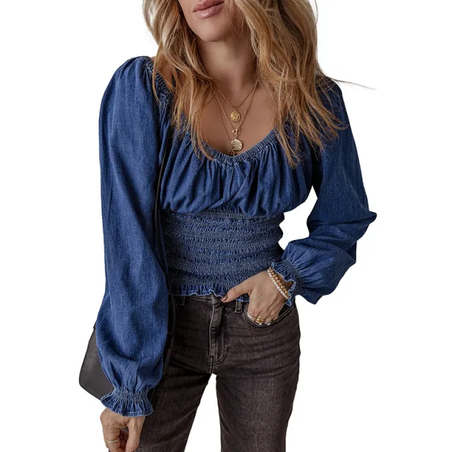 Women's V neck Denim Long sleeved Tops Dark Blue - Shop at LoveMi