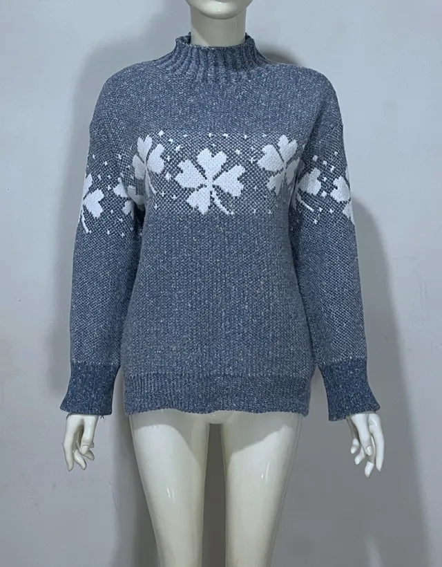 Embroidered Jacquard Pullover Loose Bottoming Shirt Mock Neck Sweater Coat Leaf Denim Blue - Shop at LoveMi
