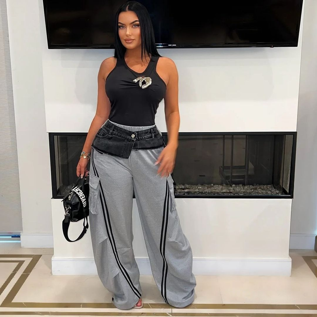 Women's Fashion Denim Stitching Elastic Waist Pull Strip Baggy Straight Trousers Gray - Shop at LoveMi