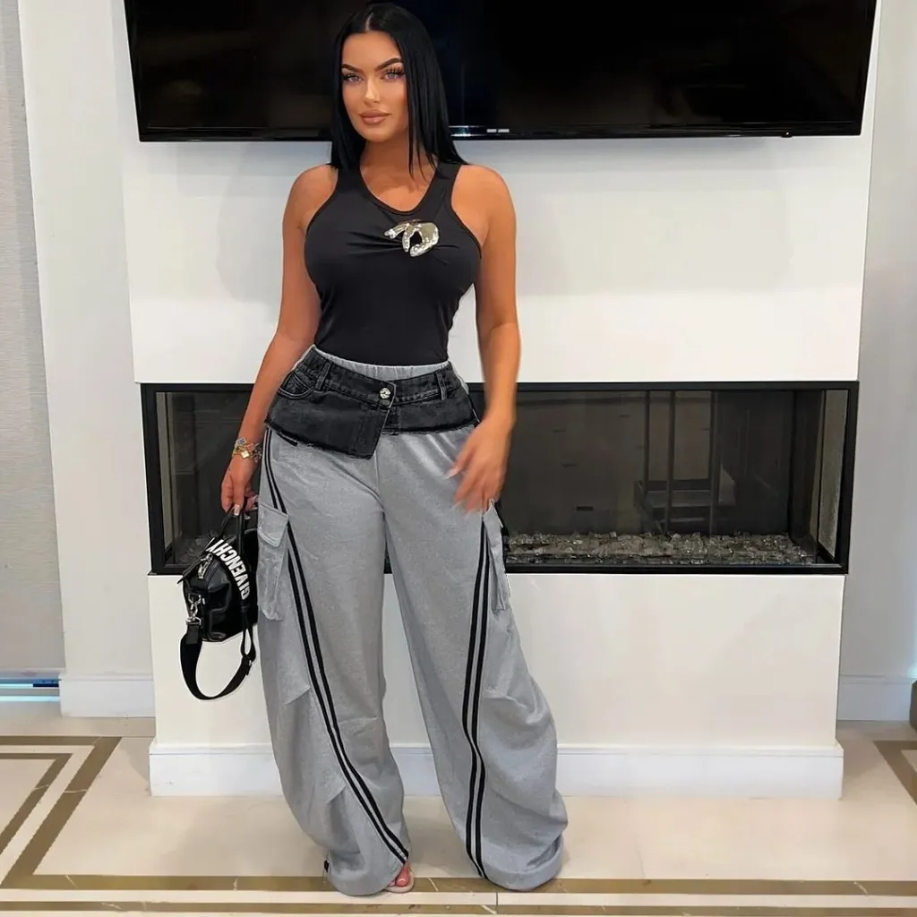 Women's Fashion Denim Stitching Elastic Waist Pull Strip Baggy Straight Trousers - Gray