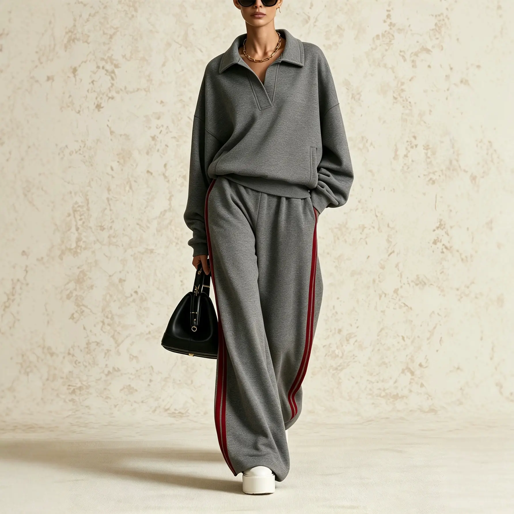 Set Crew-neck Sweatshirt With A Contrasting-color Wide-leg