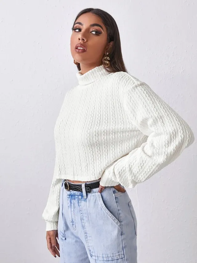 High Collar Long Sleeve Knitted Solid Loose Sweater For Women White - Shop at LoveMi