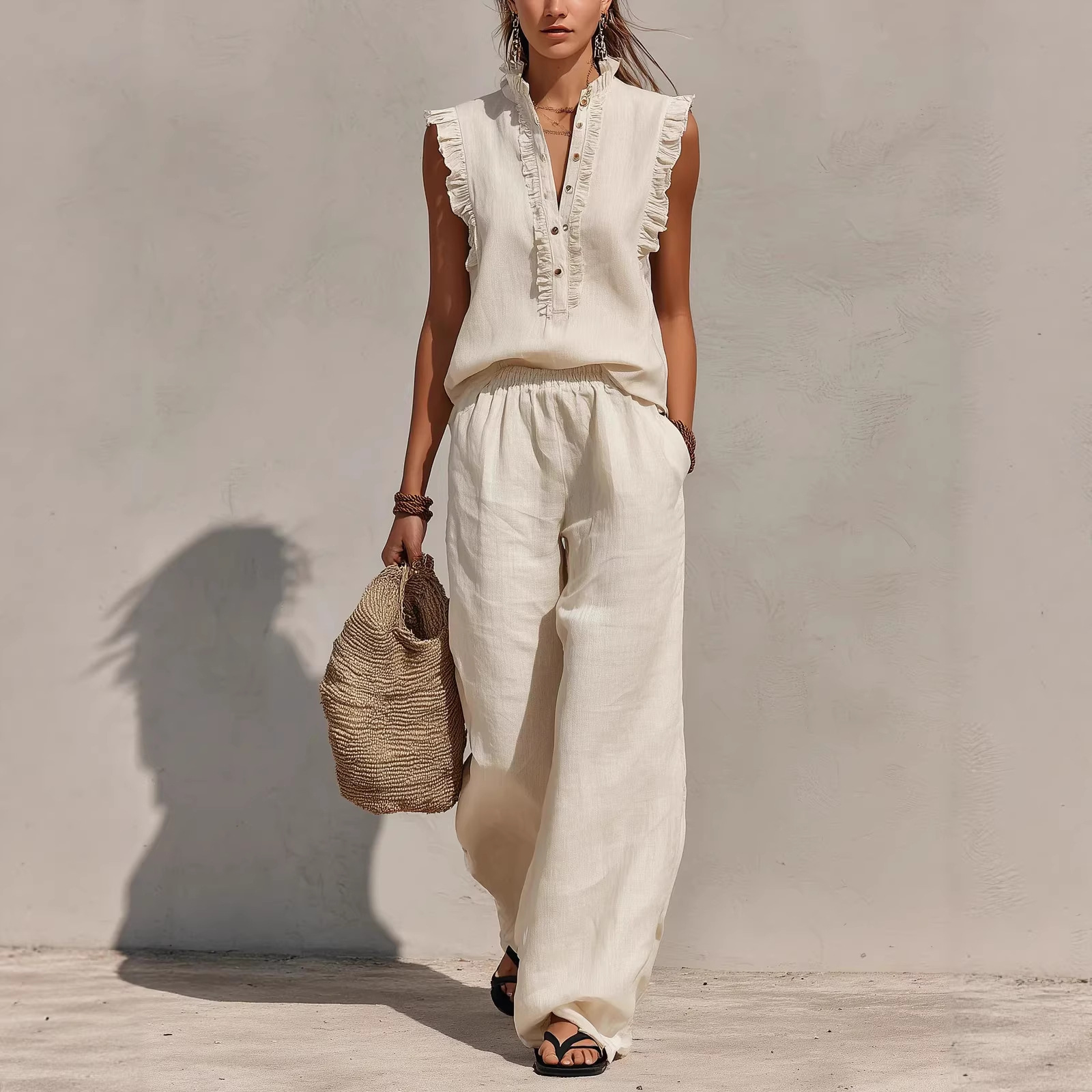 Sleeveless Ruffled V-neck Top And Elastic-waist Wide-leg Pants - Image 1