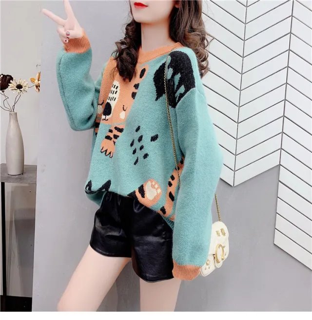 Cashmere Sweater College Style Korean Style Loose And Lazy Style Round Neck Top Green - Shop at LoveMi