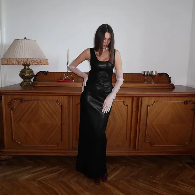 Elegant U collar Backless Slim Fit Split PU Leather Dress Women Black - Shop at LoveMi