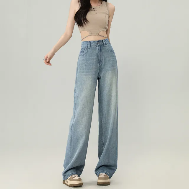 High Waist Straight leg Wide leg Pants Blue Trousers - Shop at LoveMi