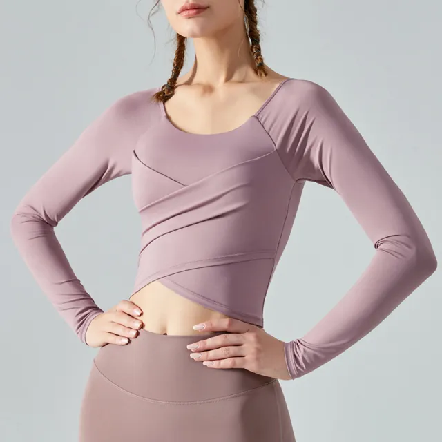 Yoga Clothes Long Sleeve Cross Pleated Workout Clothes Women's Tops Purple - Shop at LoveMi