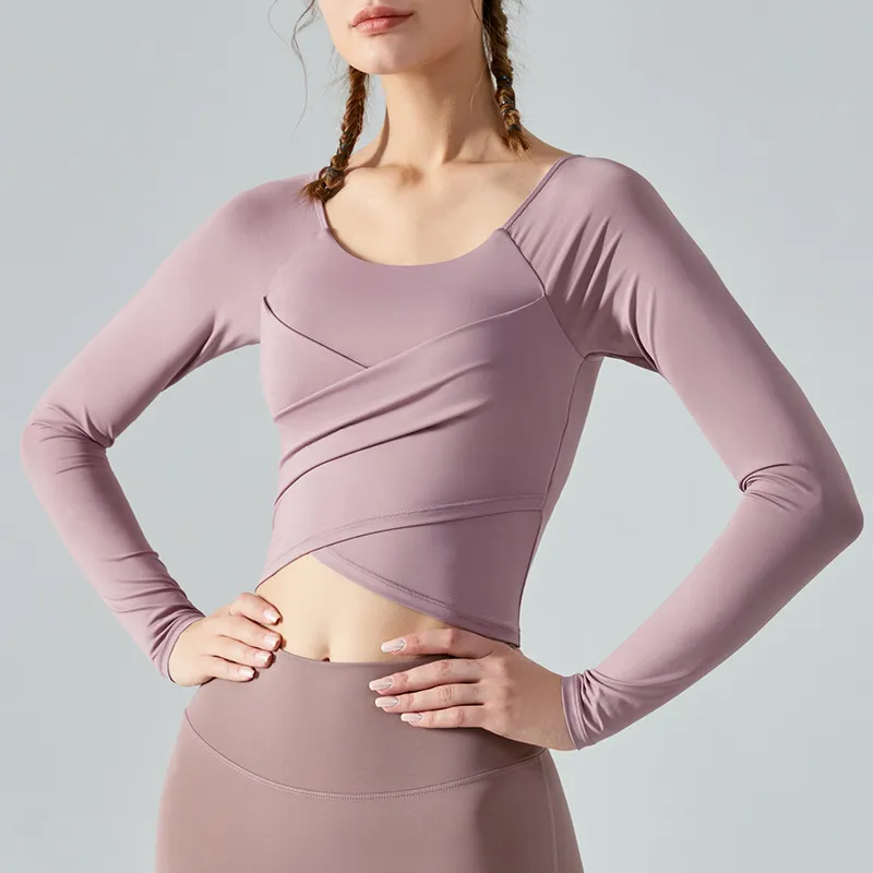 Yoga Clothes Long Sleeve Cross Pleated Workout Clothes Women's Tops - Purple
