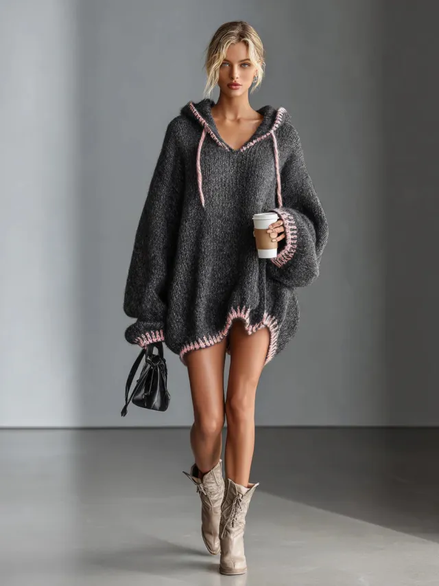 Fashion Color Contrast Stitching Sweater Long Sleeve Hooded Sweater Black - Shop at LoveMi