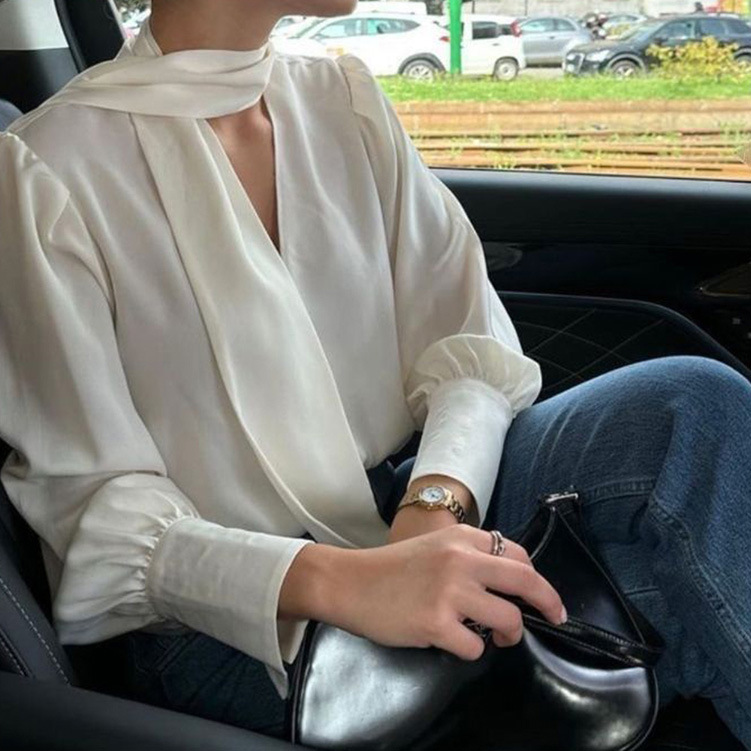 Elegant Solid-color V-neck Long-sleeve Blouse With Ribbon Detailing
