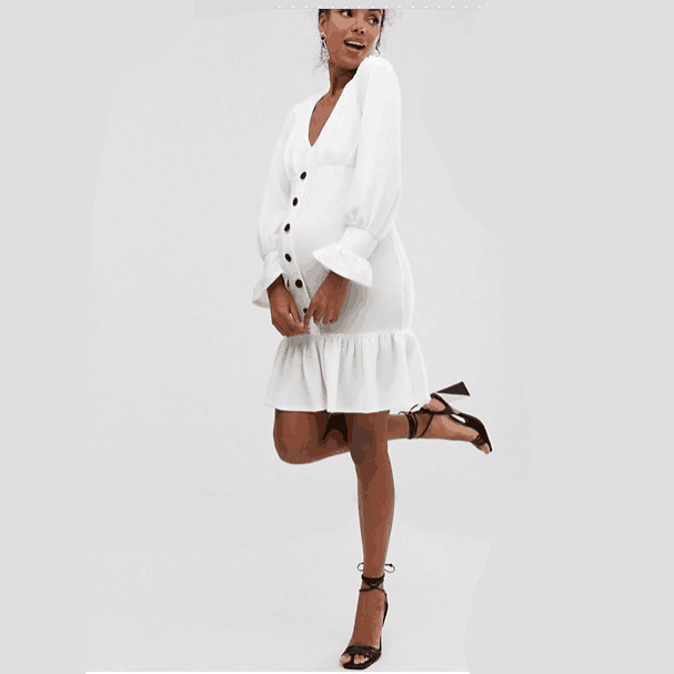 Women's Stretch Maternity Ruffled Collar Trailing Long Dress