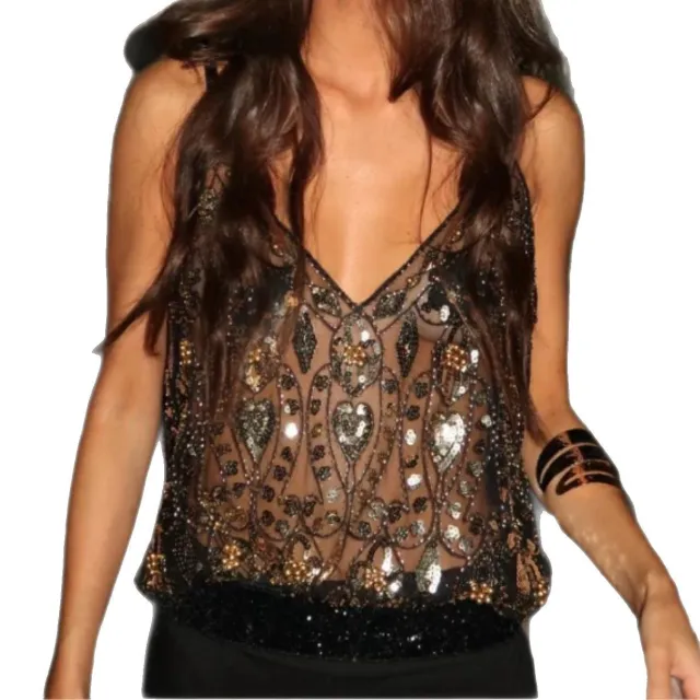 Sequin Bead Sling Basic Vest Women's Western Style Elegant Black Gold - Shop at LoveMi