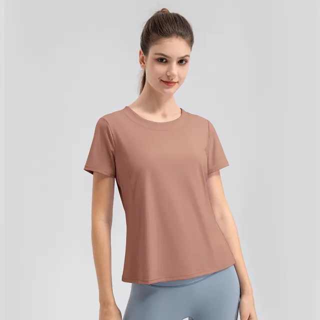 Loose Yoga Clothes Short Sleeve Lightweight Breathable Running Fitness Sports Top Nut Brown - Shop at LoveMi