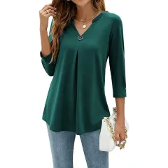 Casual And Comfortable Solid Colour And V-neck Clinch Loose Three-quarter-length-sleeved T-shirt Top For Women - Green - View 1