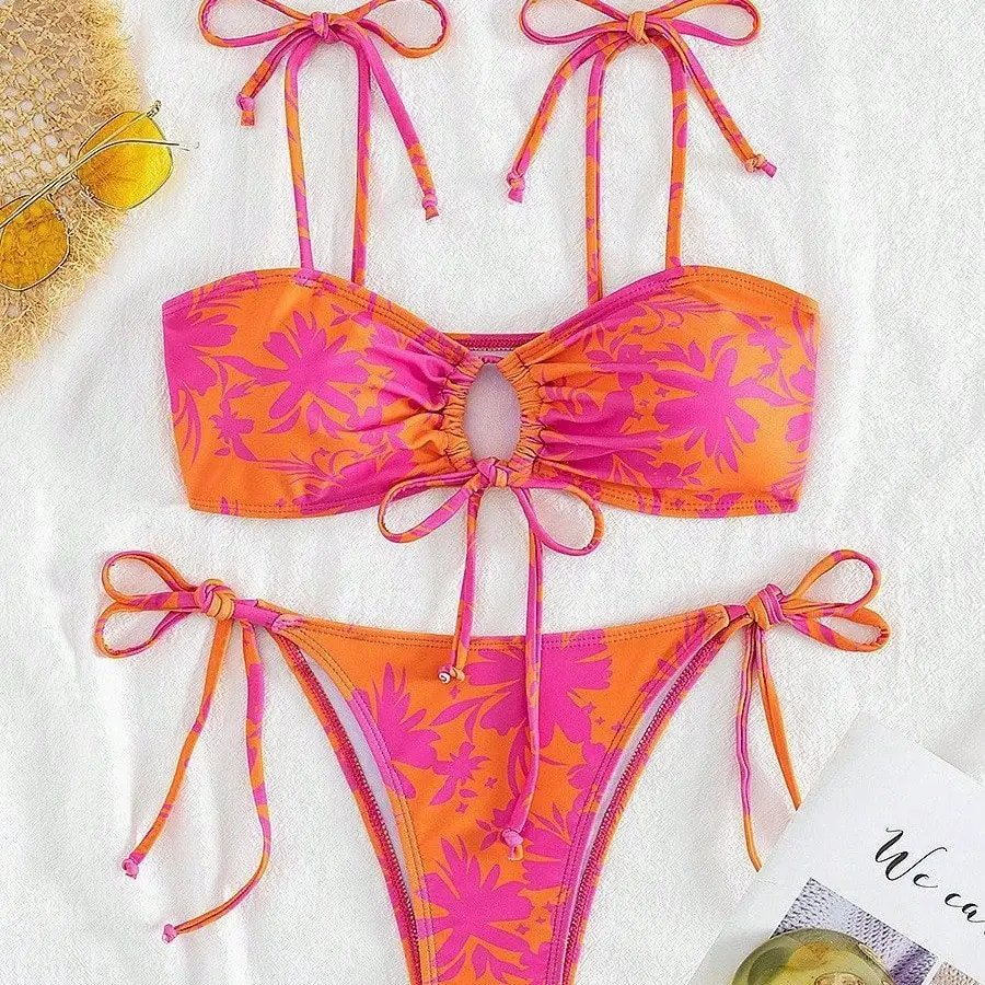 Three-point Bikini Backless Lace Up Foreign Trade Split Color Swimsuit