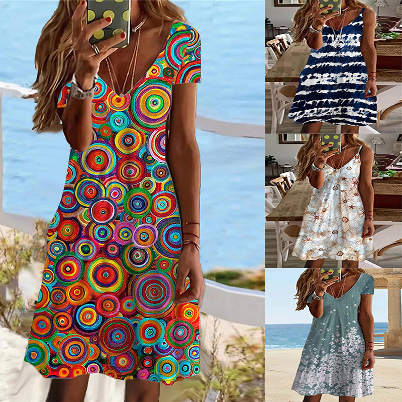 Geometric Slim-fit Short-sleeved V-neck Mid-length Dress