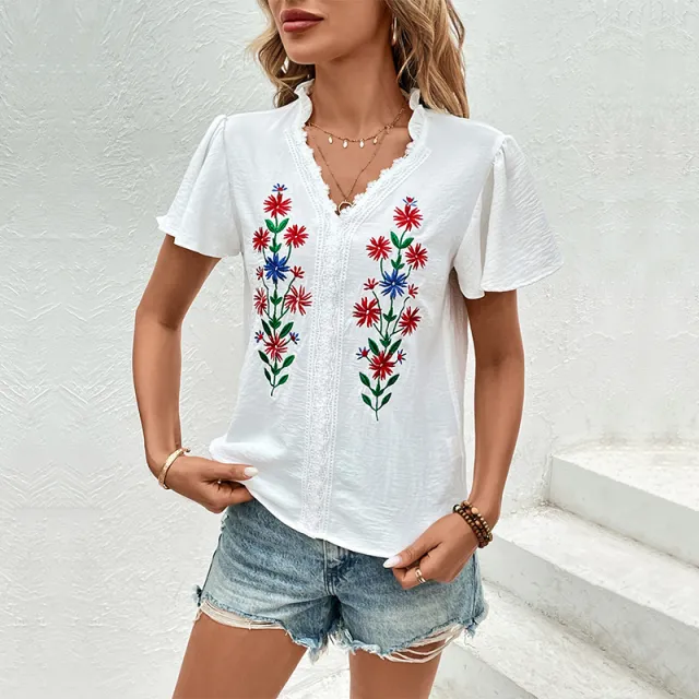 White Short sleeved Embroidered Shirt White - Shop at LoveMi
