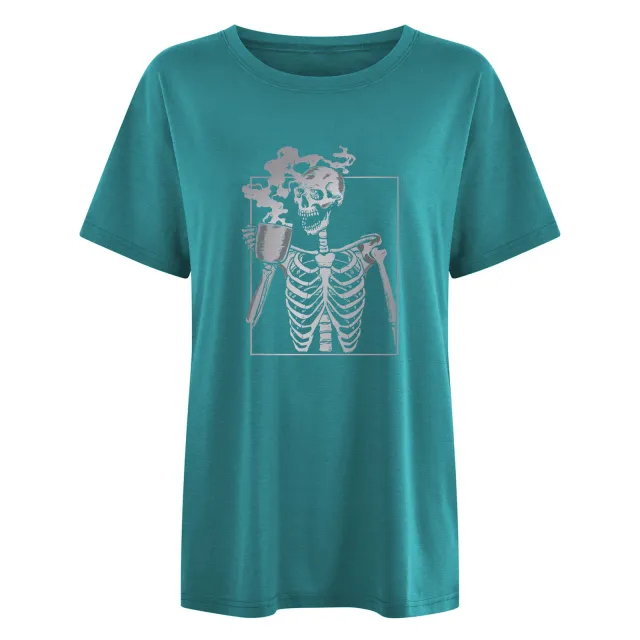 Drop Shoulder Short Sleeve Skull End Hot Drink Gradient Printing T shirt Blue - Shop at LoveMi