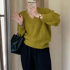 Korean Style V-neck Diagonal Button Twist Knitted Cardigan - Olive - View 1