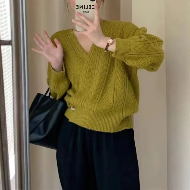 Korean Style V neck Diagonal Button Twist Knitted Cardigan Olive - Shop at LoveMi