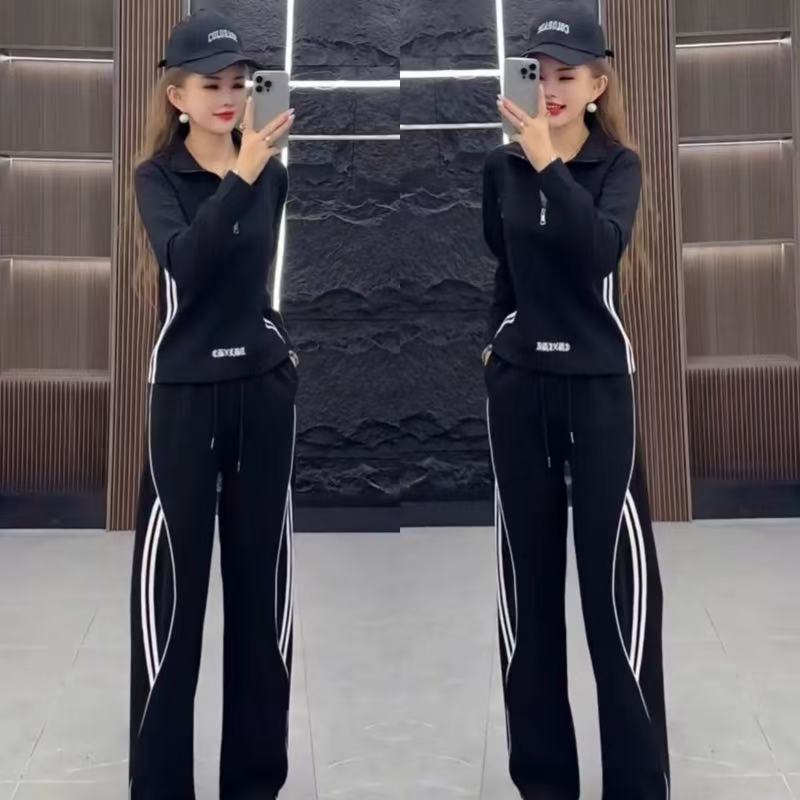 Fashionable Zip-up Top And Age-reducing Figure-flattering Wide-leg Pants Two-piece Set