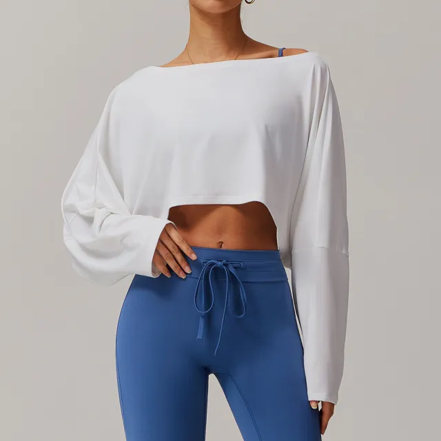 Fitness Sports Long sleeved Top Women's Off shoulder Batwing Sleeve Swan White - Shop at LoveMi