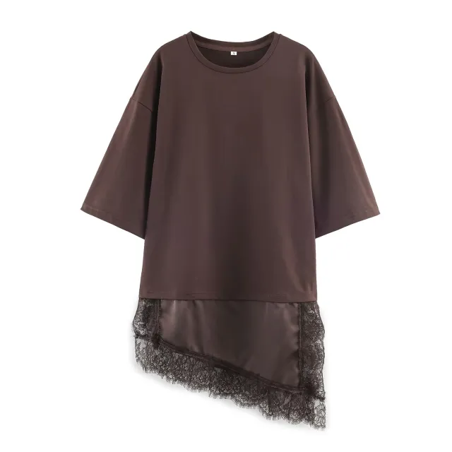 Summer Chic Fashion T Shirt With A Patchwork Lace Hem Brown - Shop at LoveMi