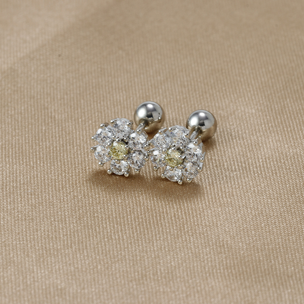 Japanese And Korean Color Zircon Sterling Silver Needle Ins Style Flower Diamond-embedded Screw Stud Earrings