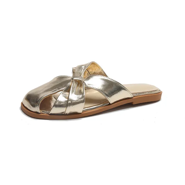 Fashion Square Toe Cap Slippers Women's Summer Comfortable Flat Sandals Lazy Half Slippers Gold - Shop at LoveMi