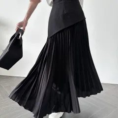 Pleated Contrast Colour High Waist Women's All-match Dress - Black - View 1