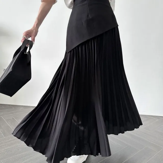 Pleated Contrast Color High Waist Women's All match Dress Black - Shop at LoveMi