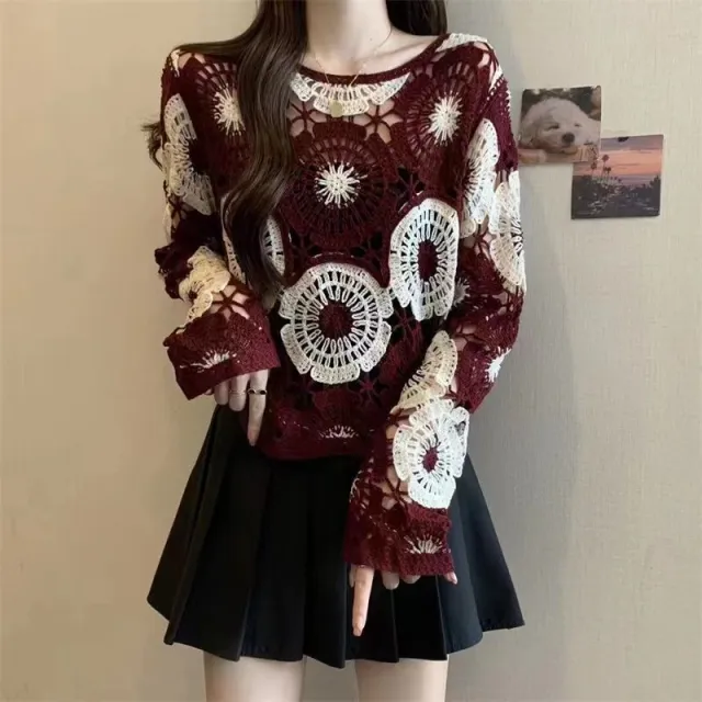 Hollow Crocheted Round Neck Long Sleeve Knitted Sweater Red - Shop at LoveMi