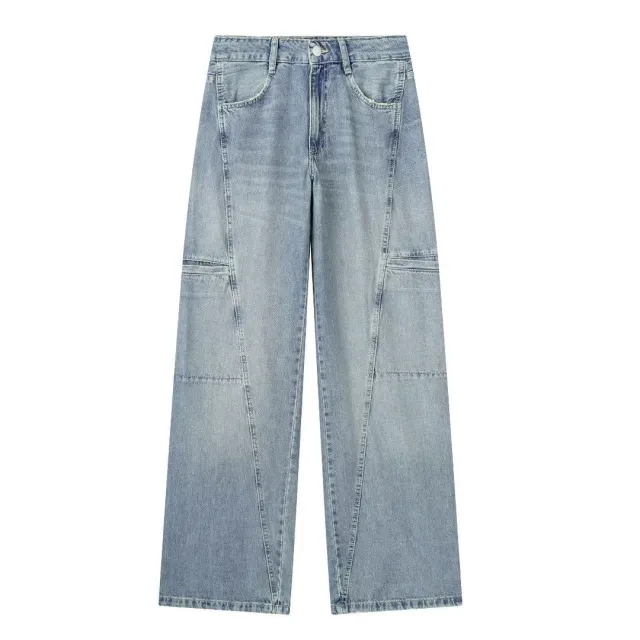 All match Pocket Overalls Mid waist Denim Trousers Light Blue - Shop at LoveMi