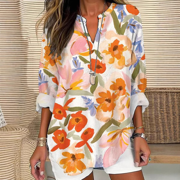 Womens Fashionable Loose Shirt With 3D Floral Print And V-Neck