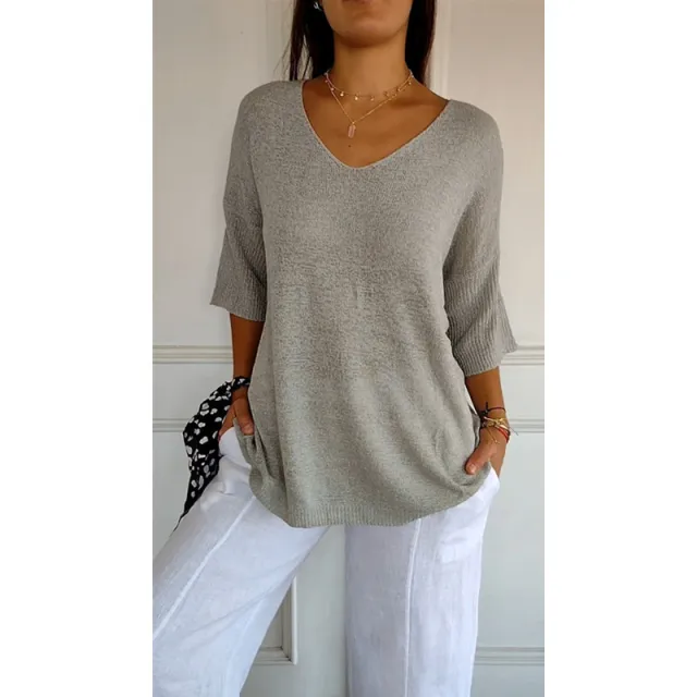 Knitwear Casual Sweater Slimming V neckline 34 Sleeve Women's Bottoming Shirt Light Gray - Shop at LoveMi