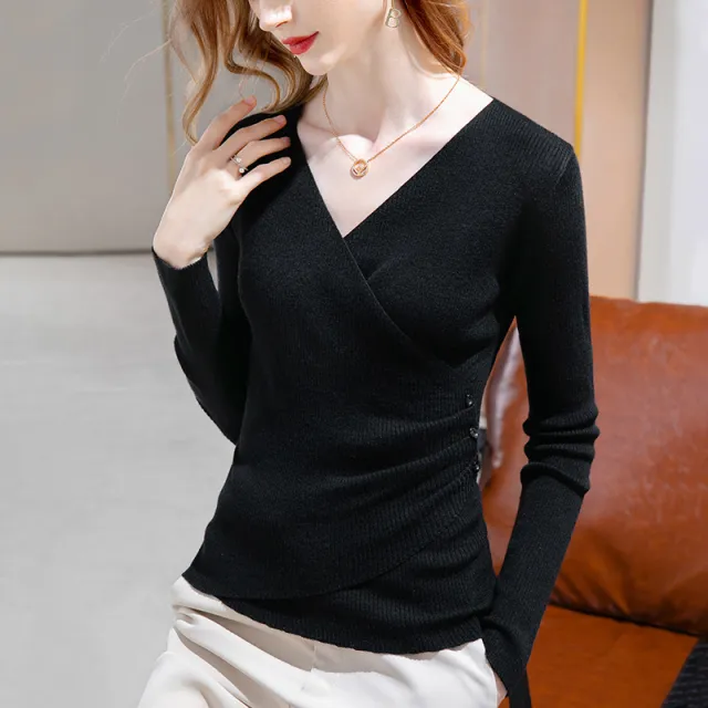 Cross V neck Pullover Sheep Fur Sweater Elegant Inner Match Waist controlled Top Black - Shop at LoveMi