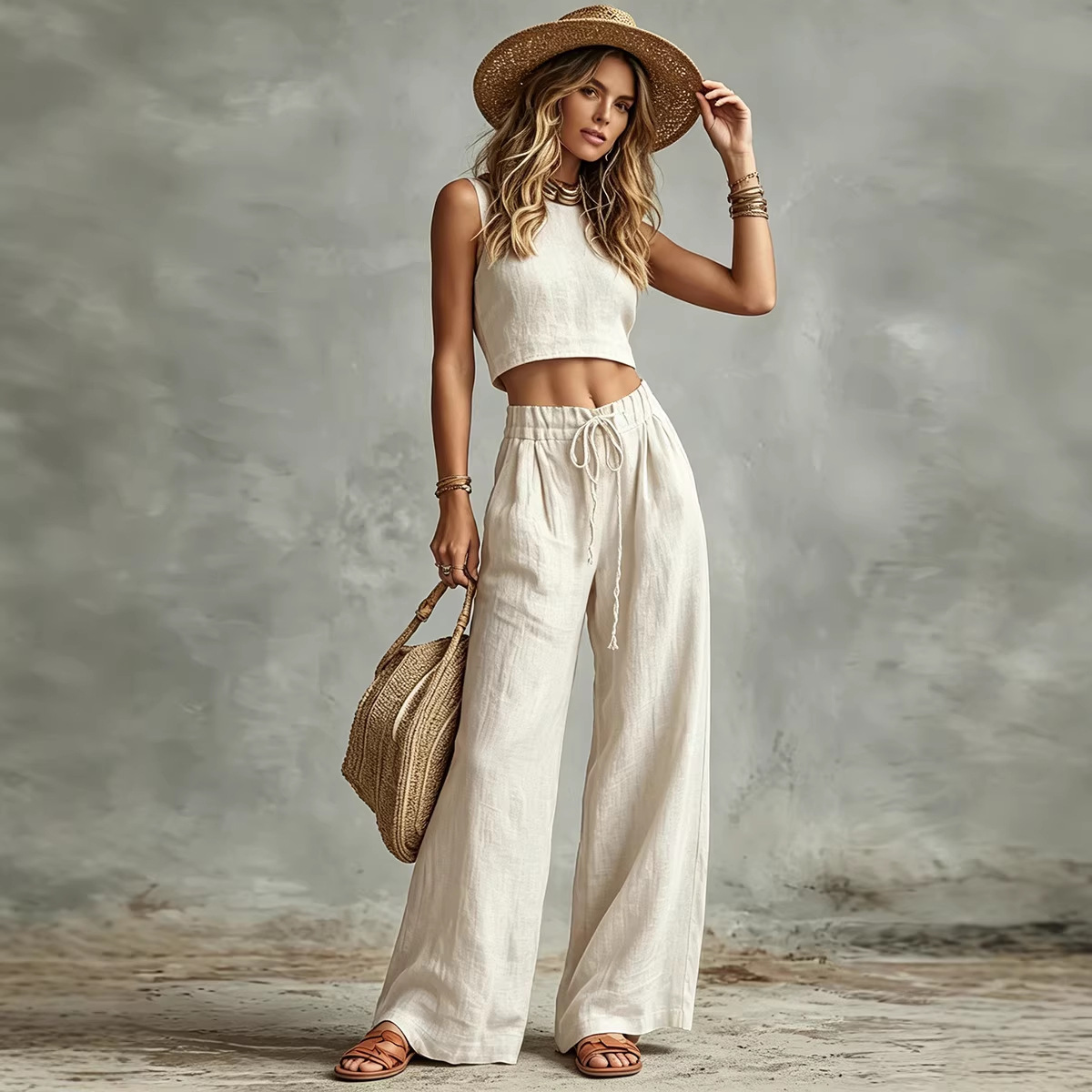 Vest Drawstring High-Waist Wide-Leg Pants Two-Piece Set 3