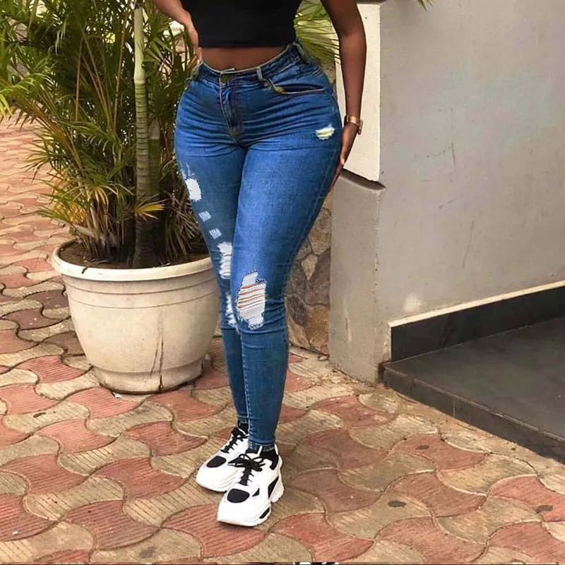 Women's Fashion Leisure Ripped Jeans - Blue