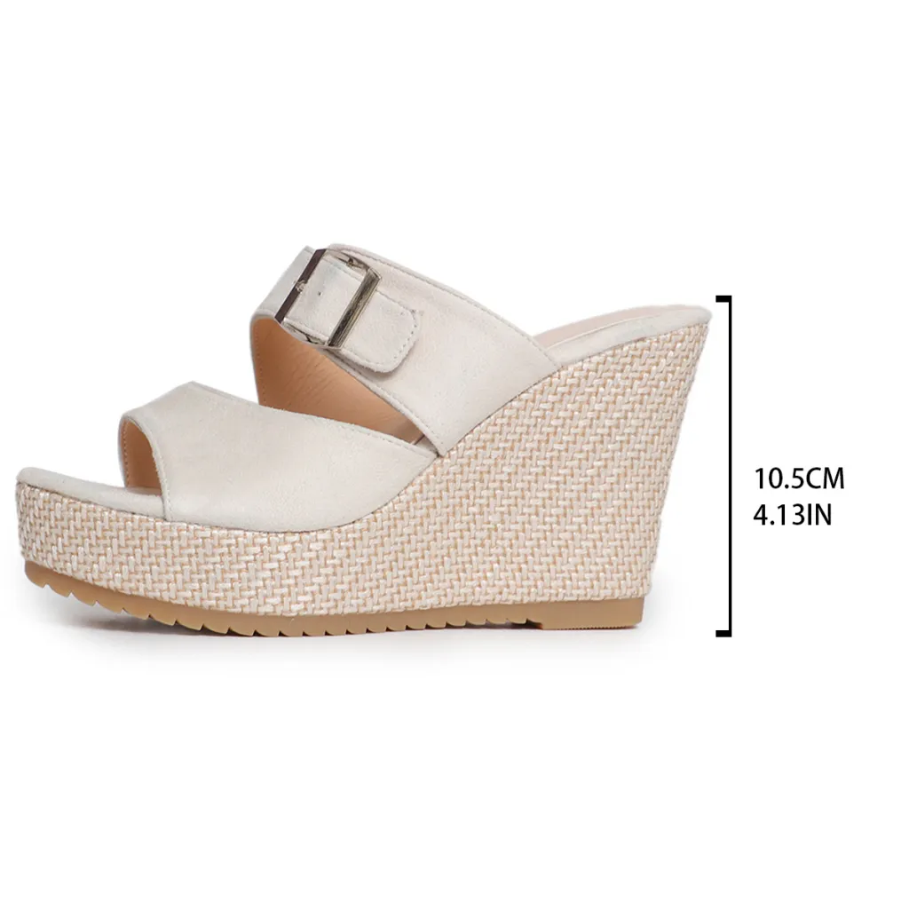 Women's Thick Bottom Summer Wedge Plus Size Belt Buckle Fashion Slippers - Beige