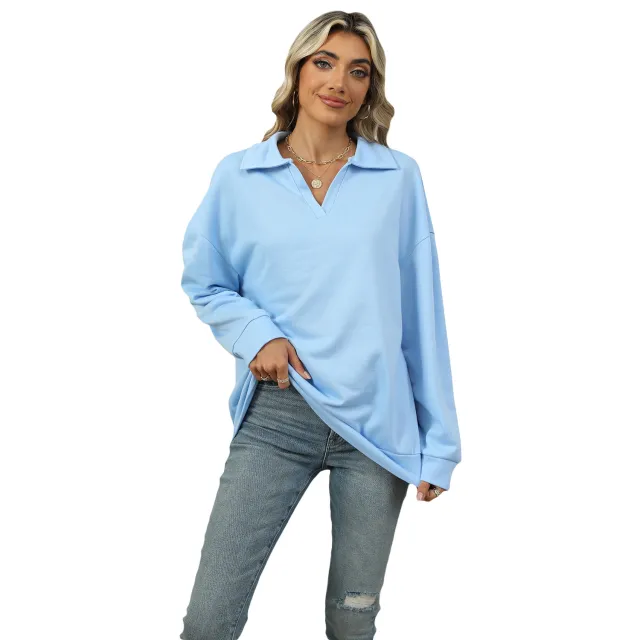 Solid Color Polo Collar Loose Long Sleeve Sweatershirt Coat Light Blue - Shop at LoveMi