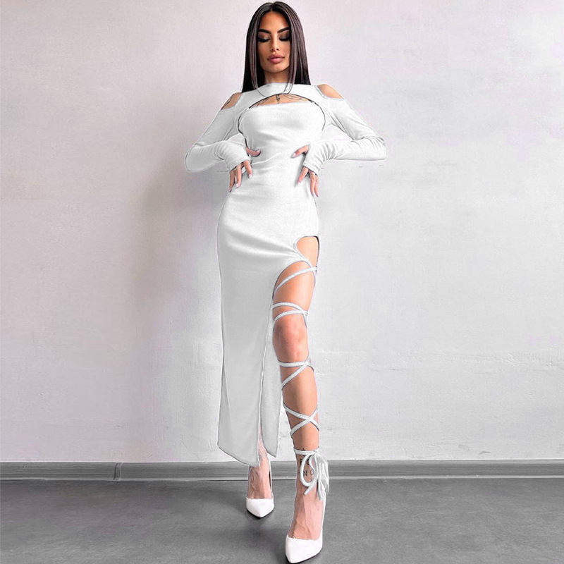Women's Solid Color Long Sleeve Hollow-out Leggings Split Dress