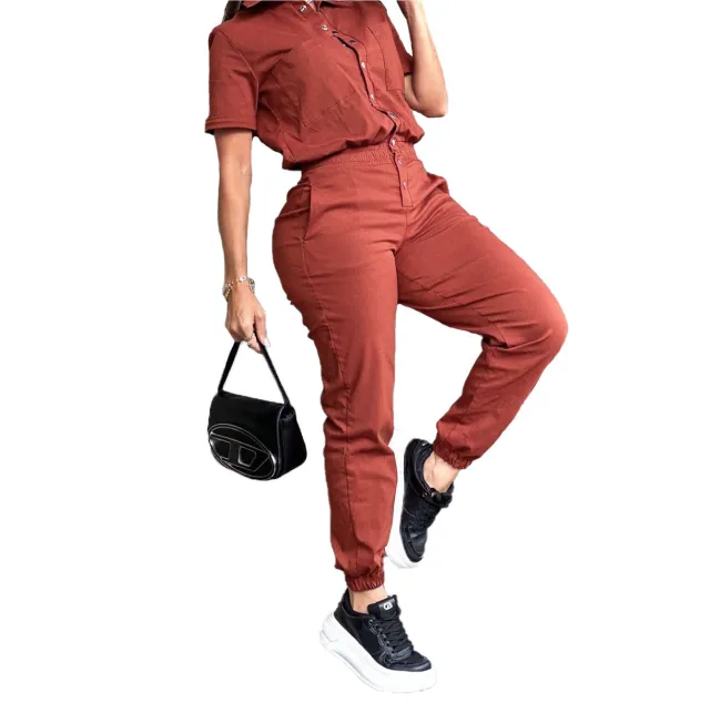 Women's Ankle tied Lapel Pocket Waist Elastic Button Jumpsuit Brick Red - Shop at LoveMi